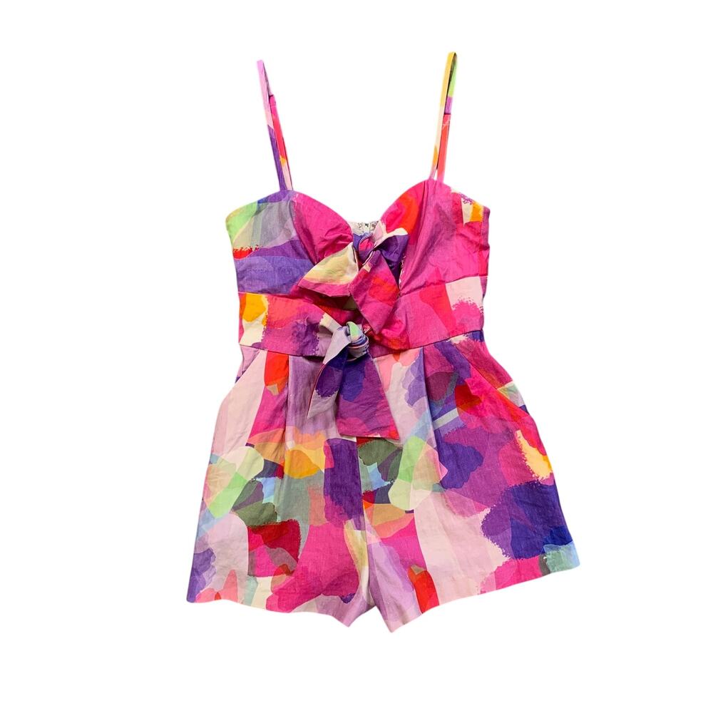 Milly Romper Women M Medium Multi Anya Cabana Rainbow Brushstroke Linen Blend